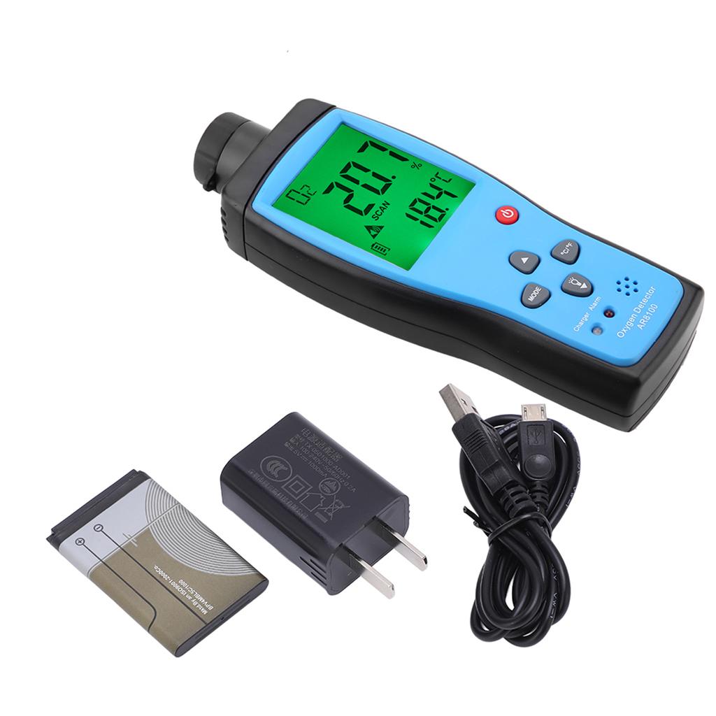 SMART SENSOR AR8100 Oxygen Detector Rechargeable LCD O2 Gas Meter Thermometer