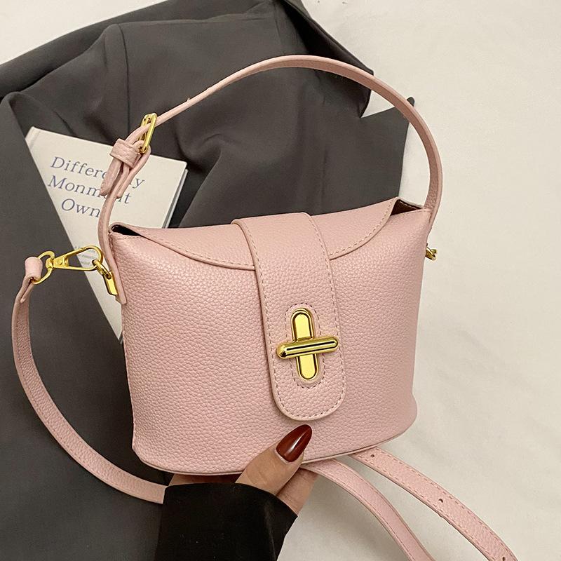 New Popular High-end Lychee Pattern Solid Color Portable Bucket Bag Fashionable Versatile Niche Commuter Style Messenger Women's Bag