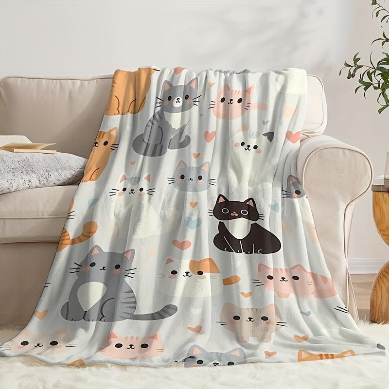 Adorable Cat Print Flannel Blanket  Soft Cozy AllSeason Throw for Sofa Camping Travel Cute Cartoon Cats  Hearts Gifts