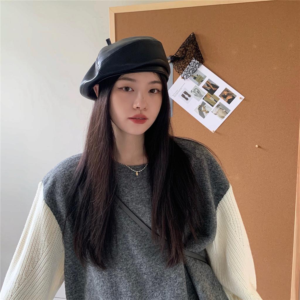 British Leather Beret Hat for Women Versatile Autumn and Winter Large Head Circumference Small Face Small Painter Hat  Literary Retro Trend