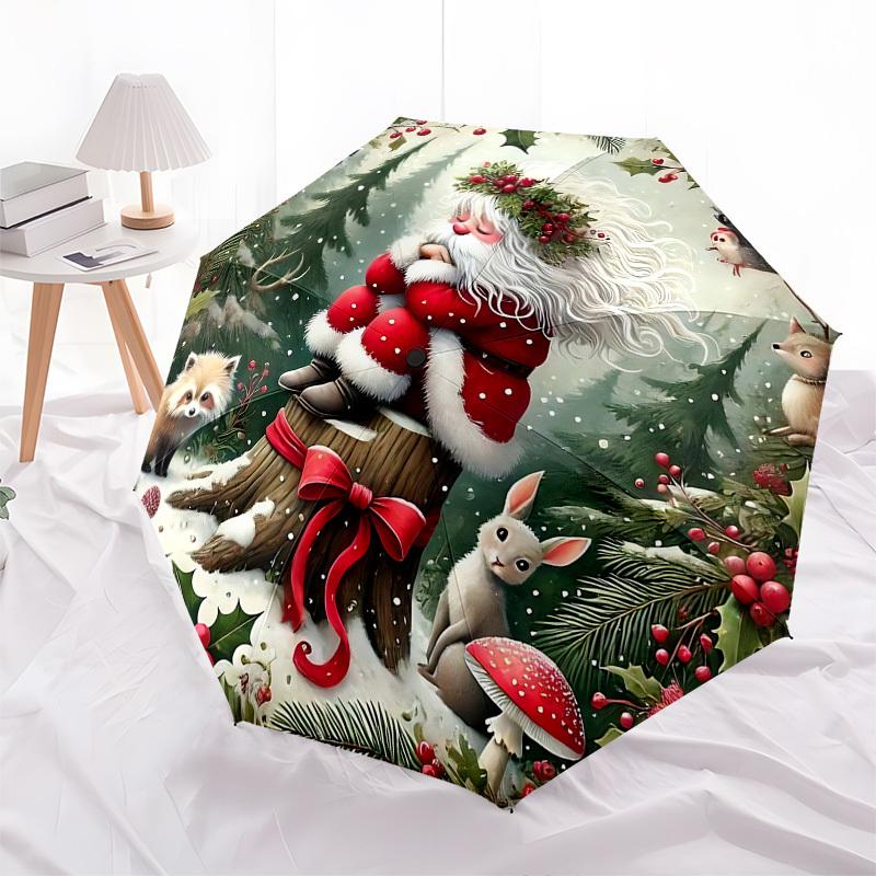 1pc Christmas Forest Santa & Friends Automatic Opening Folding Umbrella, 8 Rib Iron Frame Outdoor for Fans, Travelers, Daily Use, Festive Gift.N049