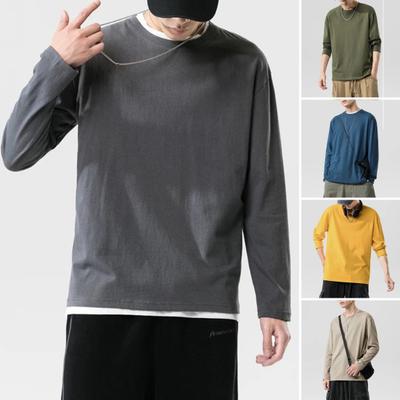 Pánske tričko s okrúhlym výstrihom a dlhým rukávom, mäkké priedušné tričko, jednofarebné, voľný strih, jarné letné ležérne topy