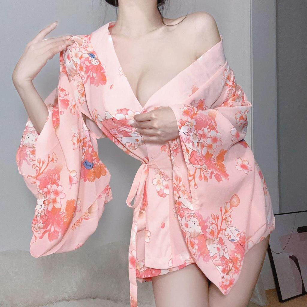 Elegant Sakura Yukata Kimono Bathrobe: Large Pajamas, Cozy Nightdress, Sexy Lingerie