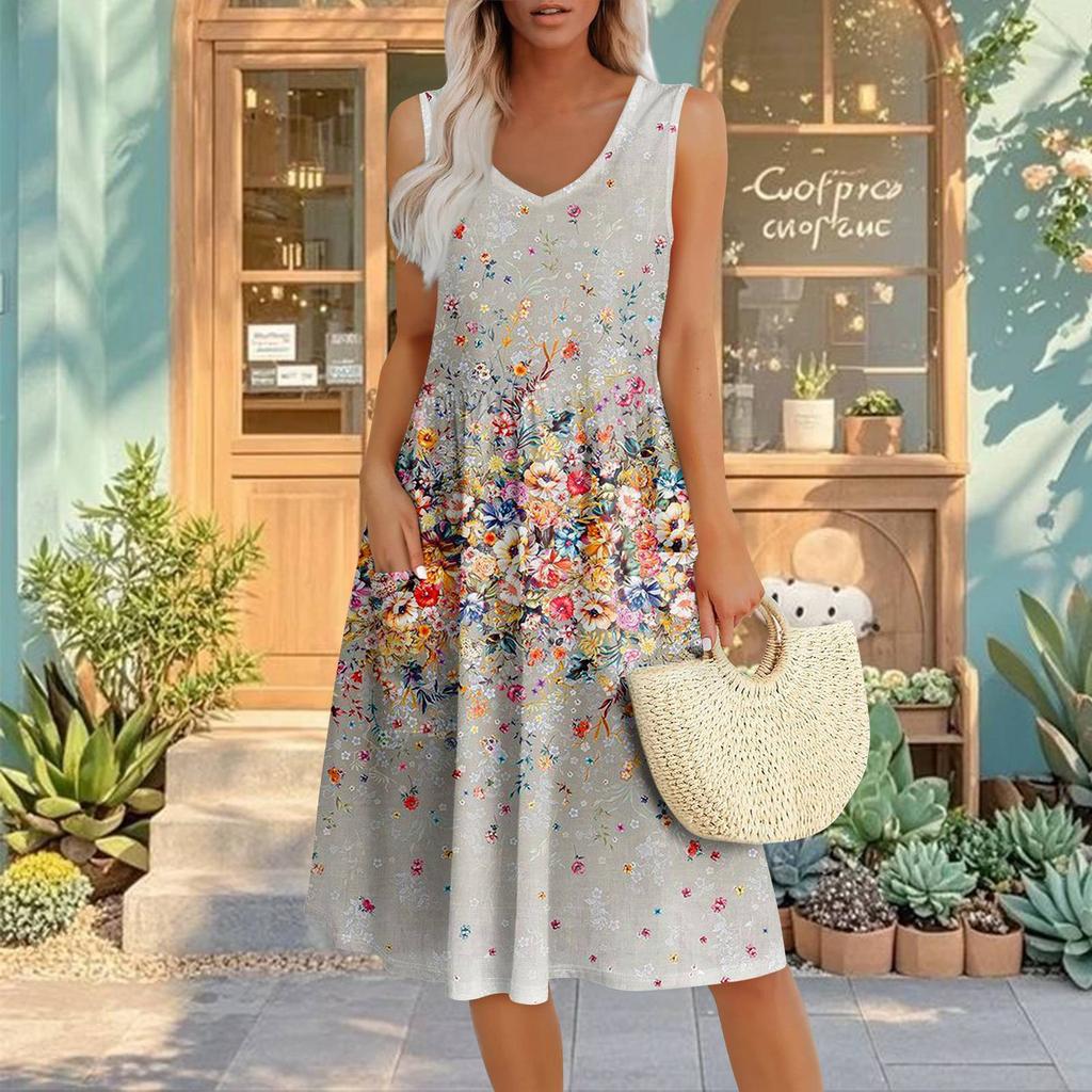 Summer Casual Midi Dresses For Women Vocation  Elastic Waist Sleeveless Knee Length Sundress With Pockets Loose Fit