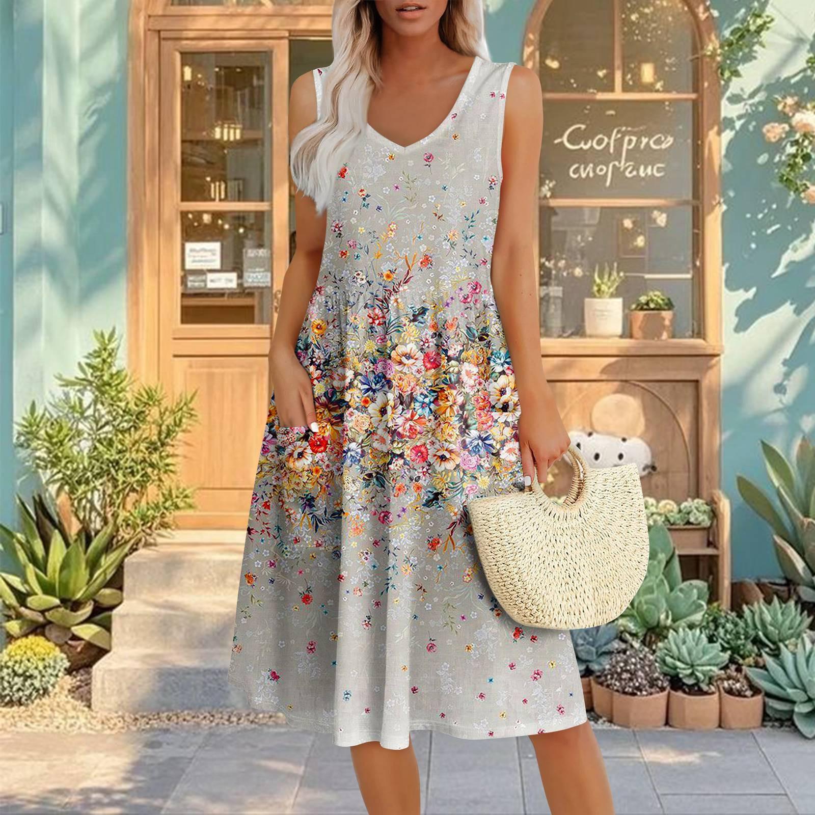 

Летние повседневные платья миди для женщин, сарафан без рукавов с эластичной талией и длиной до колена, с карманами, свободный крой M