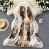 Qooth Floral Pleated Elastic A-Line Maxi Skirt High Waist Full Flare Long Skirt for Holiday QT2891