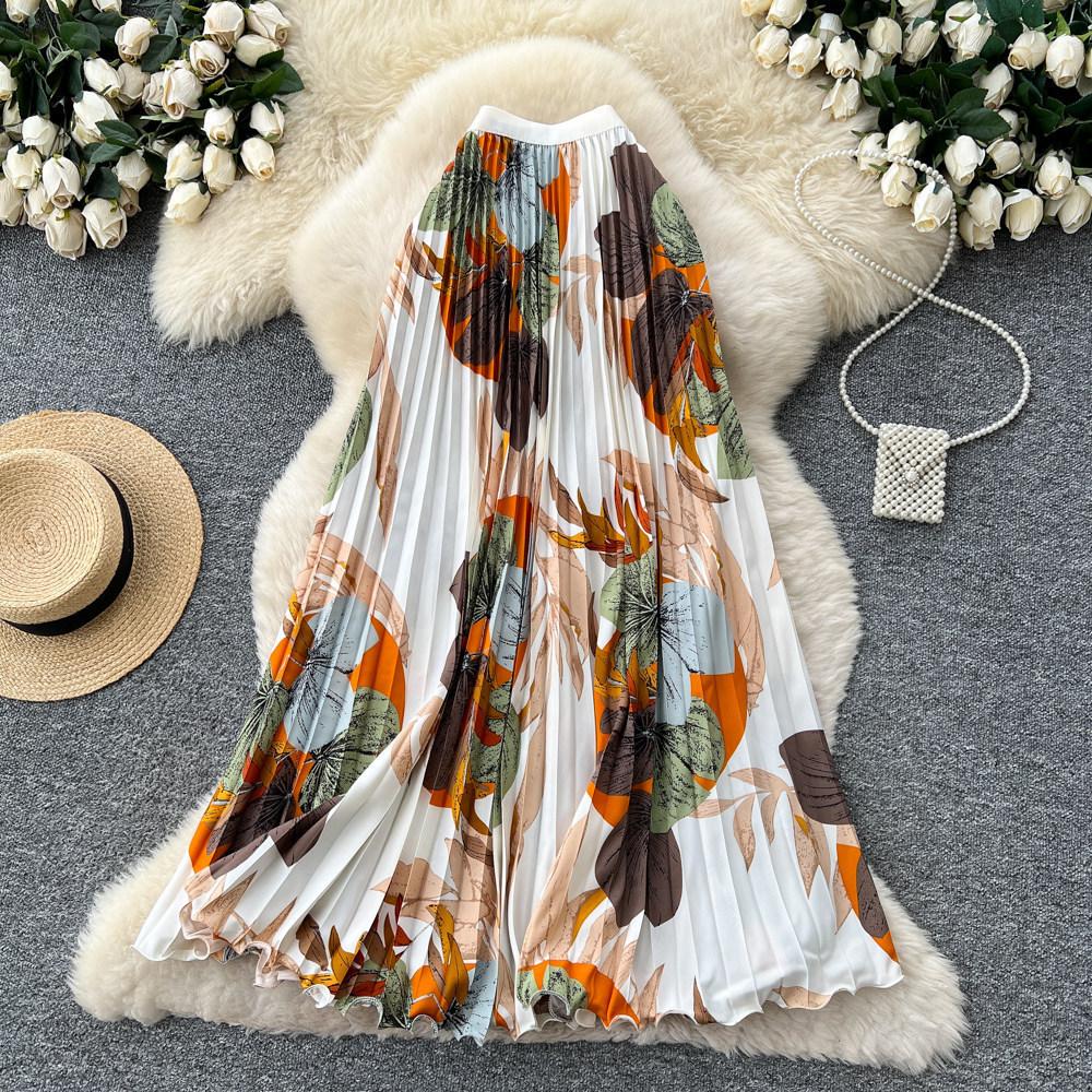 Qooth Floral Pleated Elastic A-Line Maxi Skirt High Waist Full Flare Long Skirt for Holiday QT2891