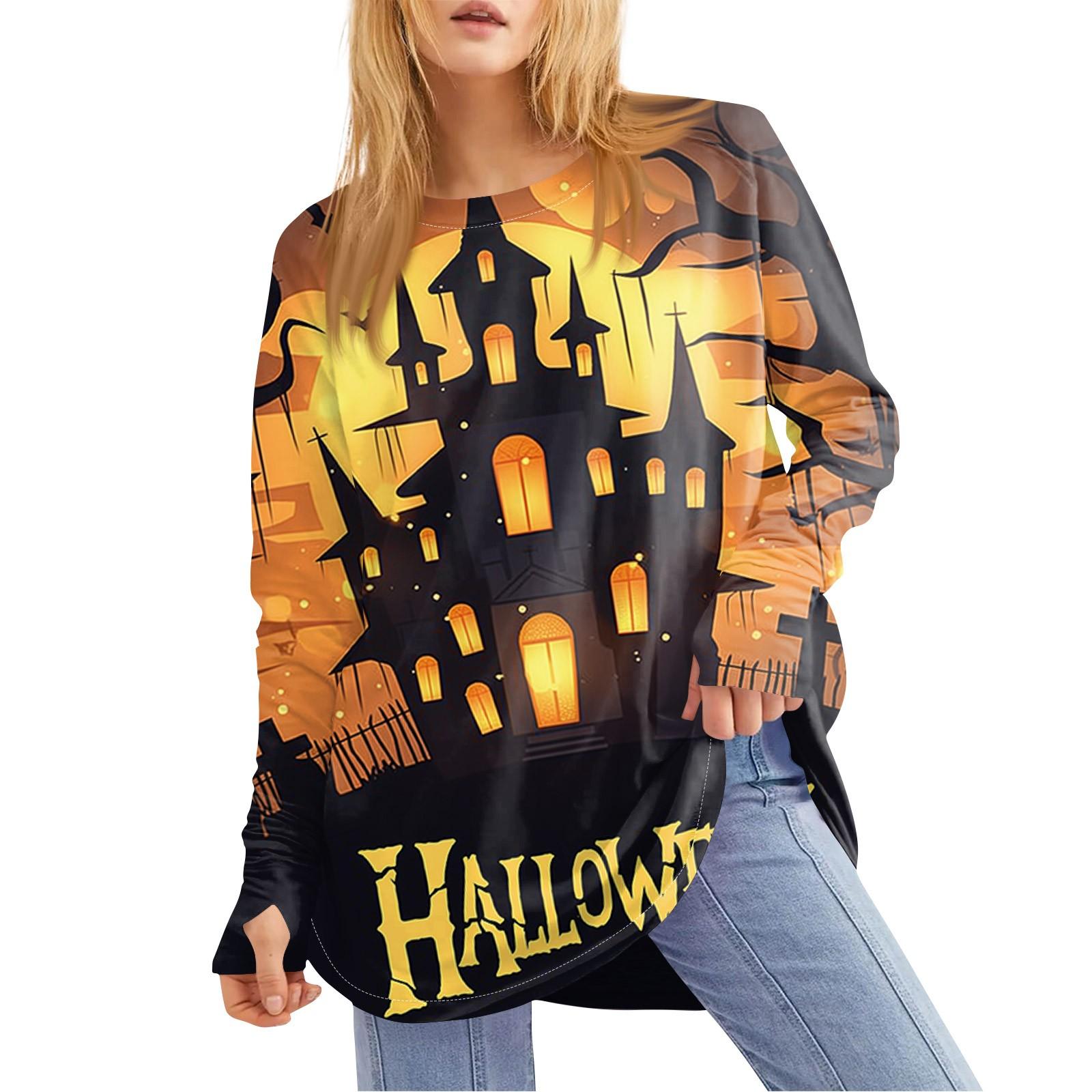 

Женская свободная футболка с круглым вырезом и принтом ко Дню святого Валентина, с длинными рукавами и средней длиной, топ с дырявым большим пальцем S оранжевый