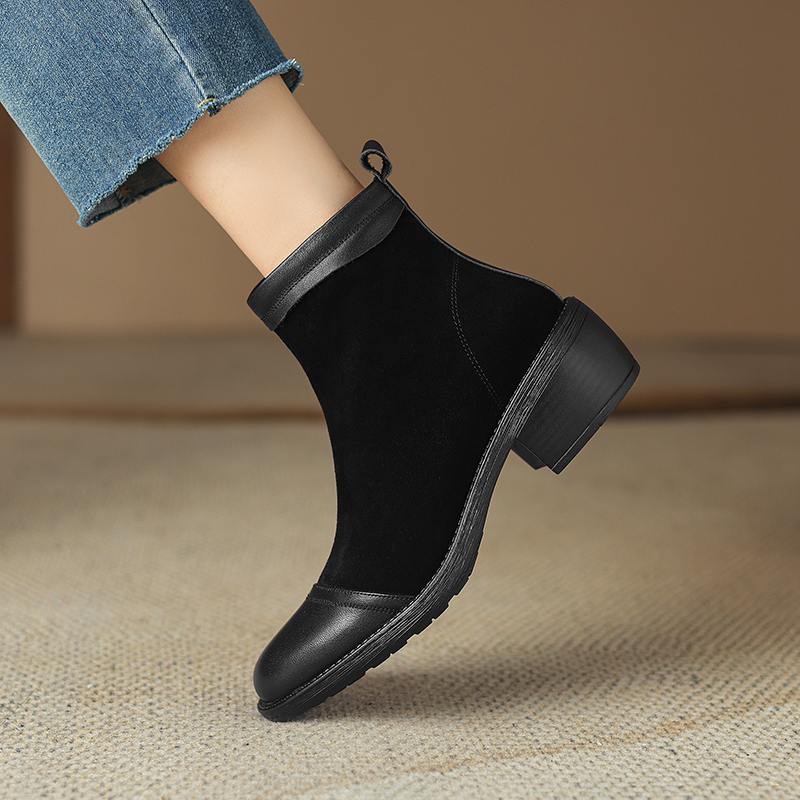 Krazing Pot Cow Skin Cow Suede Winter Square Toe Thick Heels Chelsea Fashion Boots Women Zipper Patch Work Women Ankle Boots