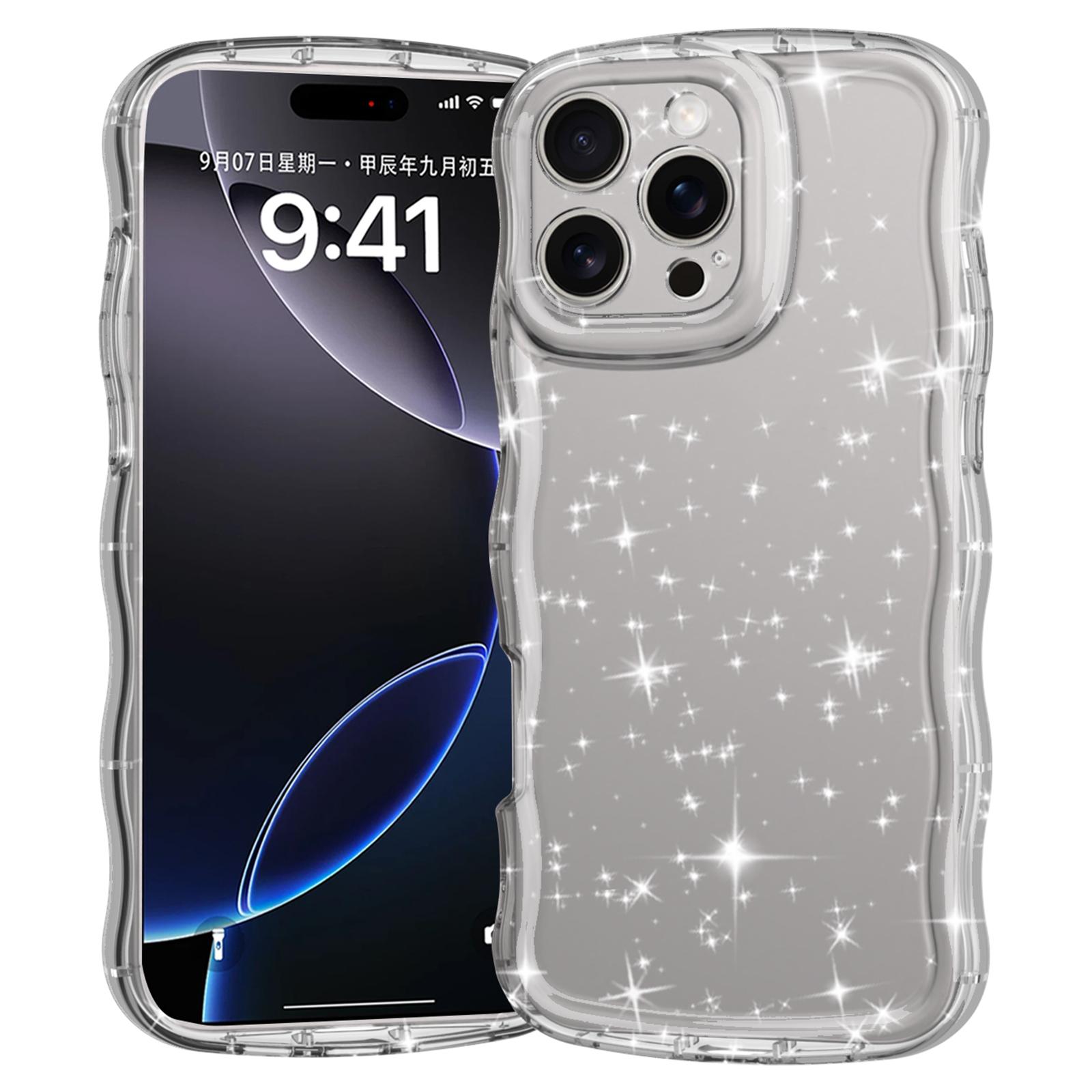 

For iPhone 16 Pro Max Case Wavy Edge Transparent Glitter TPU Anti Drop Phone Cover A