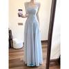 French Pure Desire Seaside Vacation Blue Suspender Dress Children's Design Waist Sleeveless Vest Long Dress Summer
