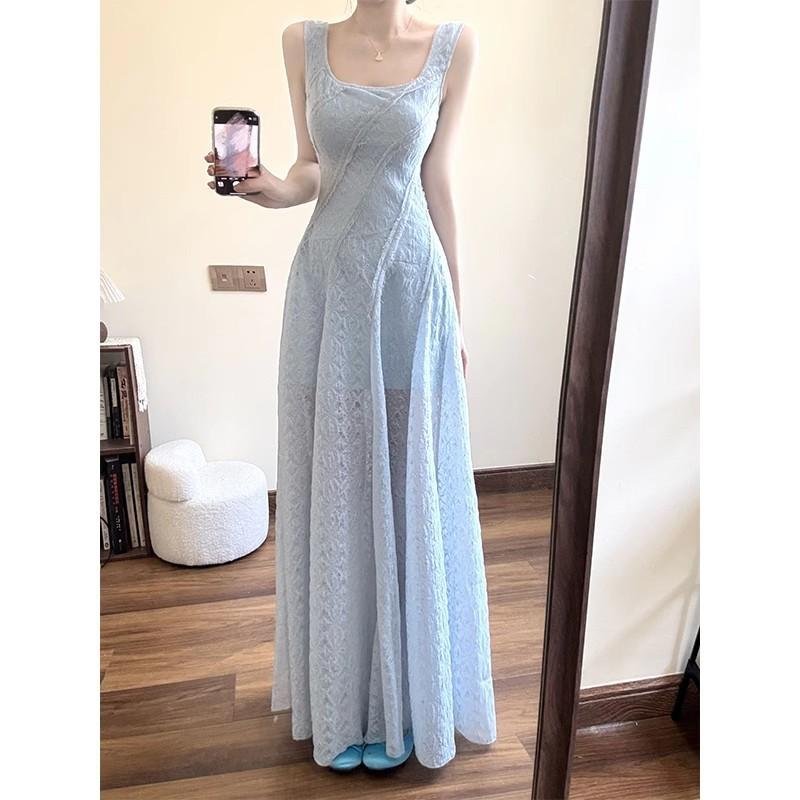 French Pure Desire Seaside Vacation Blue Suspender Dress Children's Design Waist Sleeveless Vest Long Dress Summer