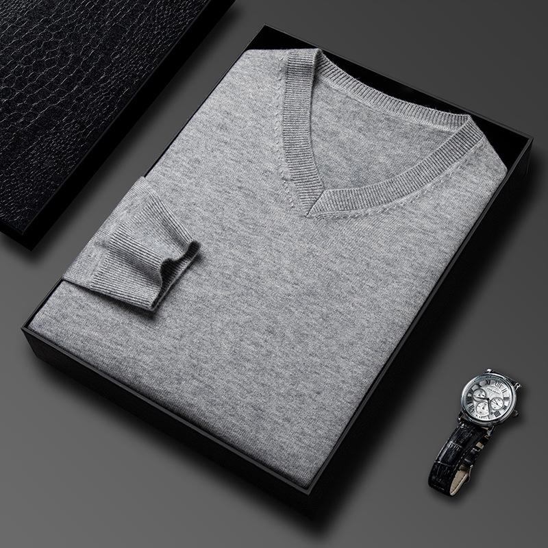 Men's Casual V-Neck Solid Color Knit Sweater - Autumn/Winter Long Sleeve Base Layer