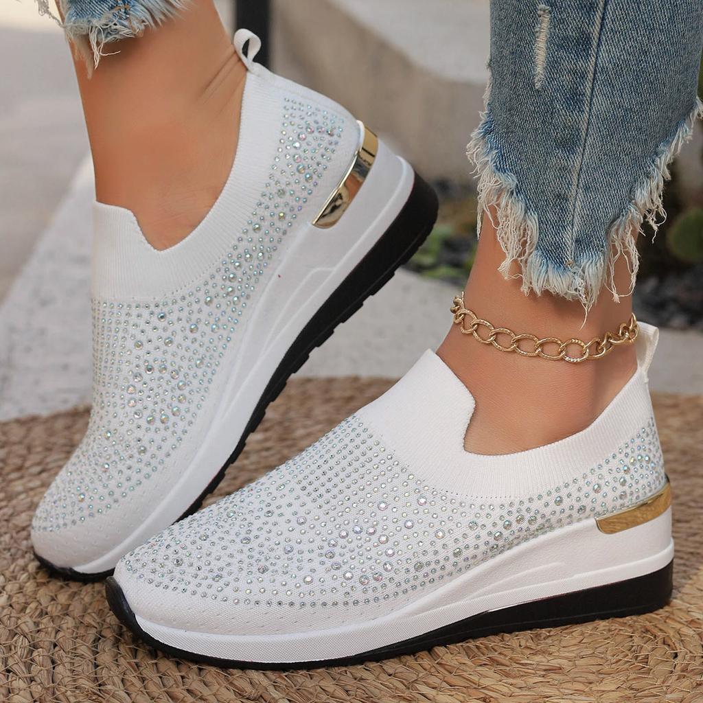 Women'S Fashionable Vulcanized Shoes Breathable Slip On Casual Solid Color Flat Shoes Spring Summer Rhinestone Slip On Loafers
