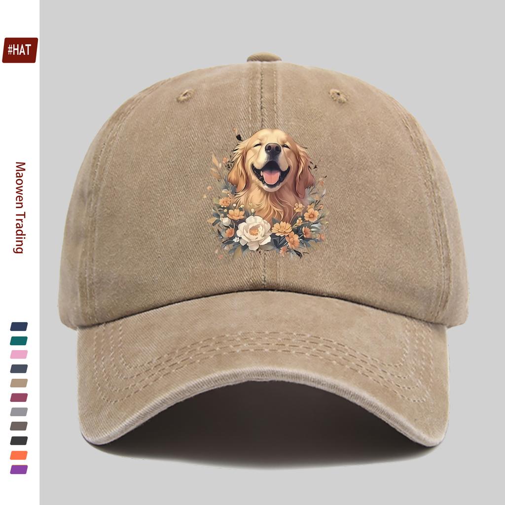 pc Golden Retriever And Floral Print Baseball Cap Cartoon Pet Dog Pattern Trucker Sun Hat Comfortable Lightweight Papa Hat D