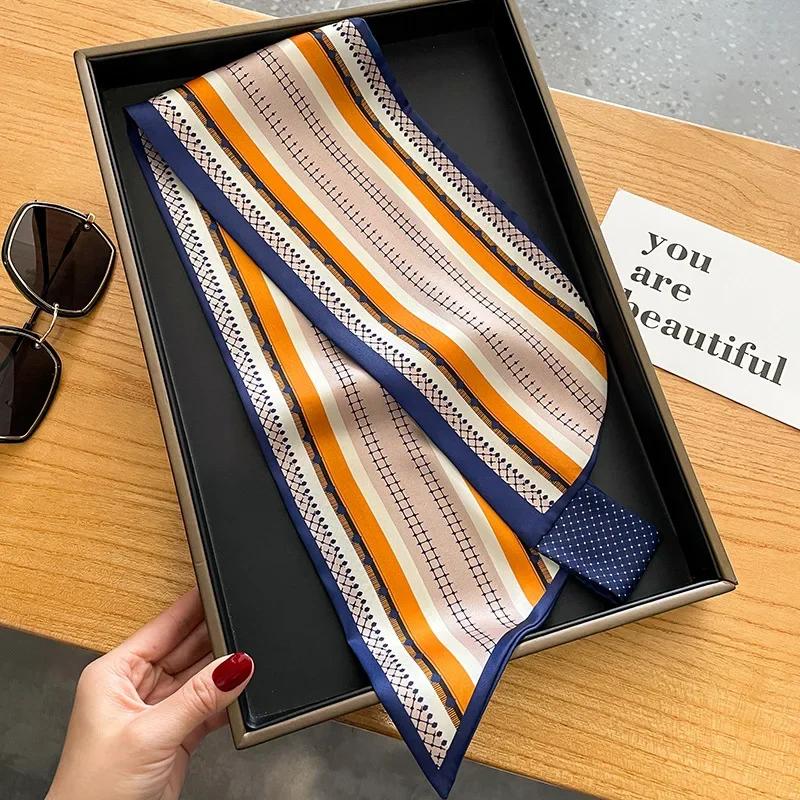

Роскошные полосатые узкие шелковые шарфы Женский фуляр Шейный платок Ленты для сумки Леди Офис Мягкий атласный галстук Женская повязка на голову Подарок 75x15cm