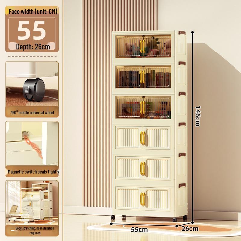 40-60cm Wide Transparent Foldable Double Door Floor Storage Cabinet with Multiple Layers