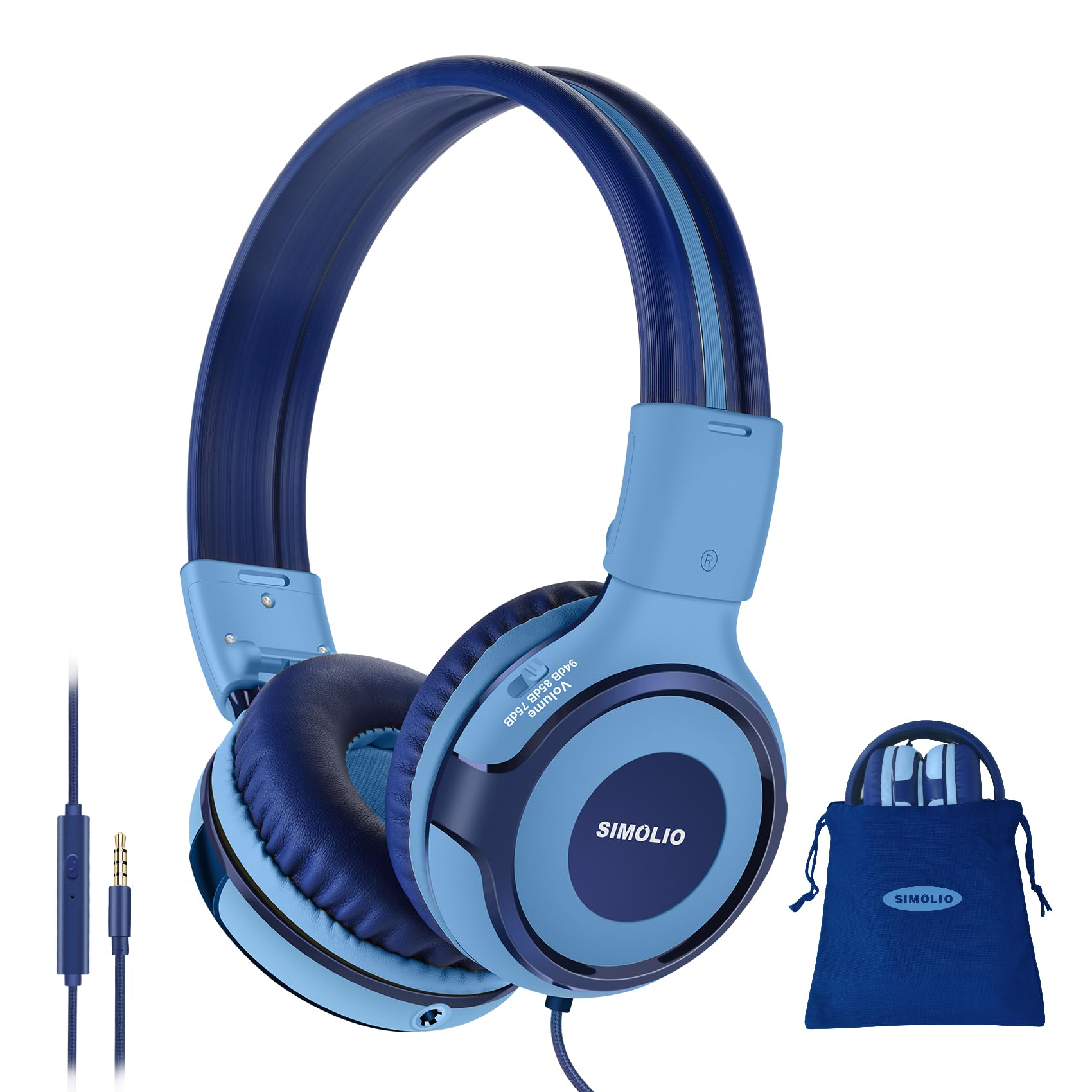 

SIMOLIO Wired Headphones with 94db Volume Hearing Voice Blue Kids Mic, Limit, Protection, Chat, Fortnite, 3.5mm Cord, School/Travel Use, (902B)