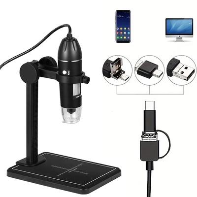 Adjustable 1600x Magnification 3 In 1 Usb Hd Desktop Electronic Digital Microscope Plastic Bracket 8 Led For Pc Phone