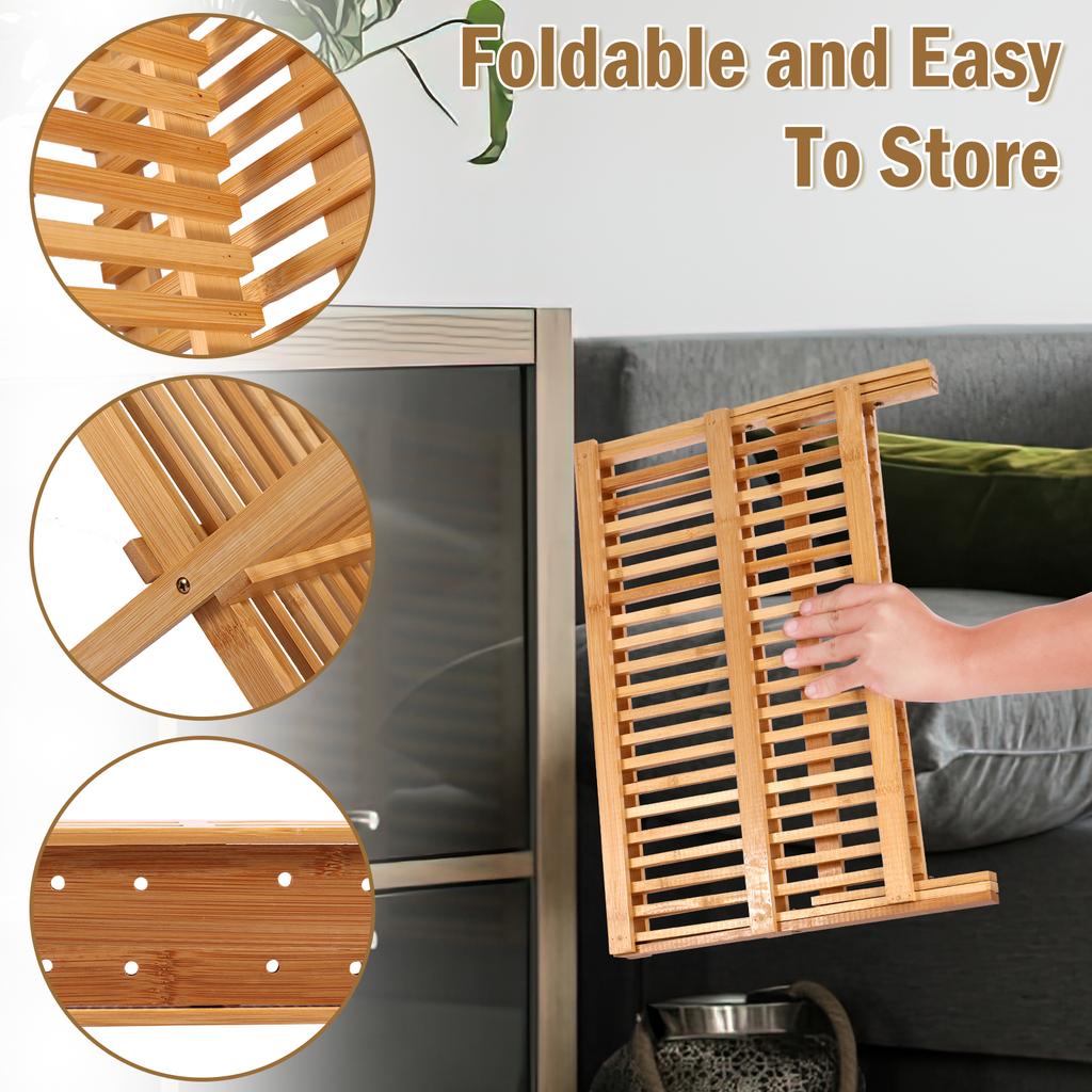 Bamboo Dish Drainer Drying Rack with Utensil Box 20 Slots Double Layer Bowl and Dish Holder Collapsible Dish Plate Storage Rack