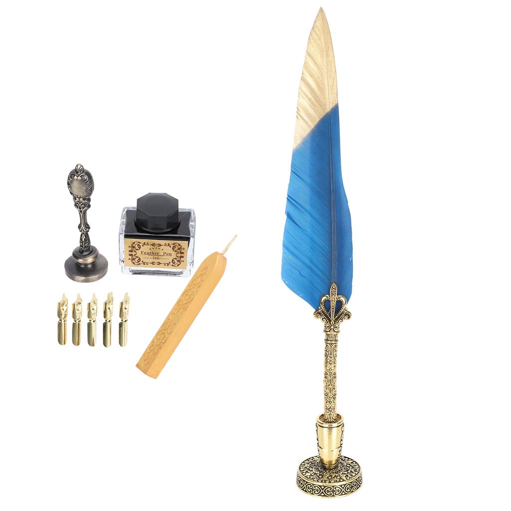 Quill Pen Set Feather Writing Drawing Dip Pen Students Teacher Antique Calligraphy Vintage GiftBlue