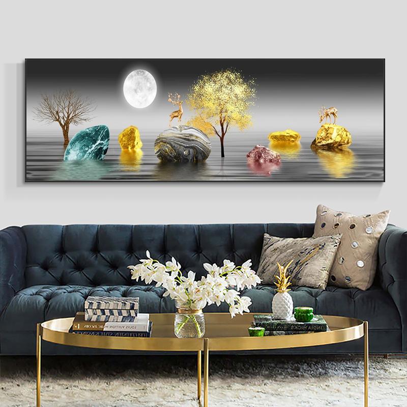 Abstract Golden Lucky Stone Posters and Prints Modern Canvas Painting Wall Art Pictures for Living Room Deer Home Decor No Frame