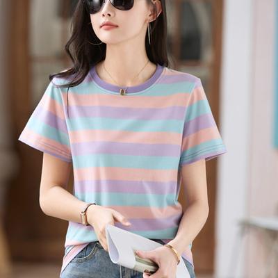 Right Shoulder Striped T-shirt Women's Short-sleeved 2024 Summer New Loose Slimming Casual Sports T-shirt Age-reducing Top