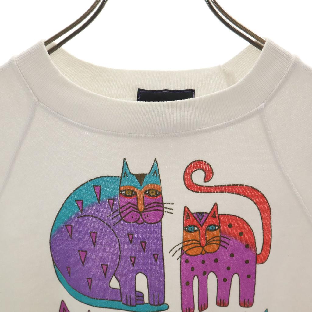 Hanes 80s 90s Old LAUREL BURCH Cat Long sleeve sweat trainer L white Cat Men's Used