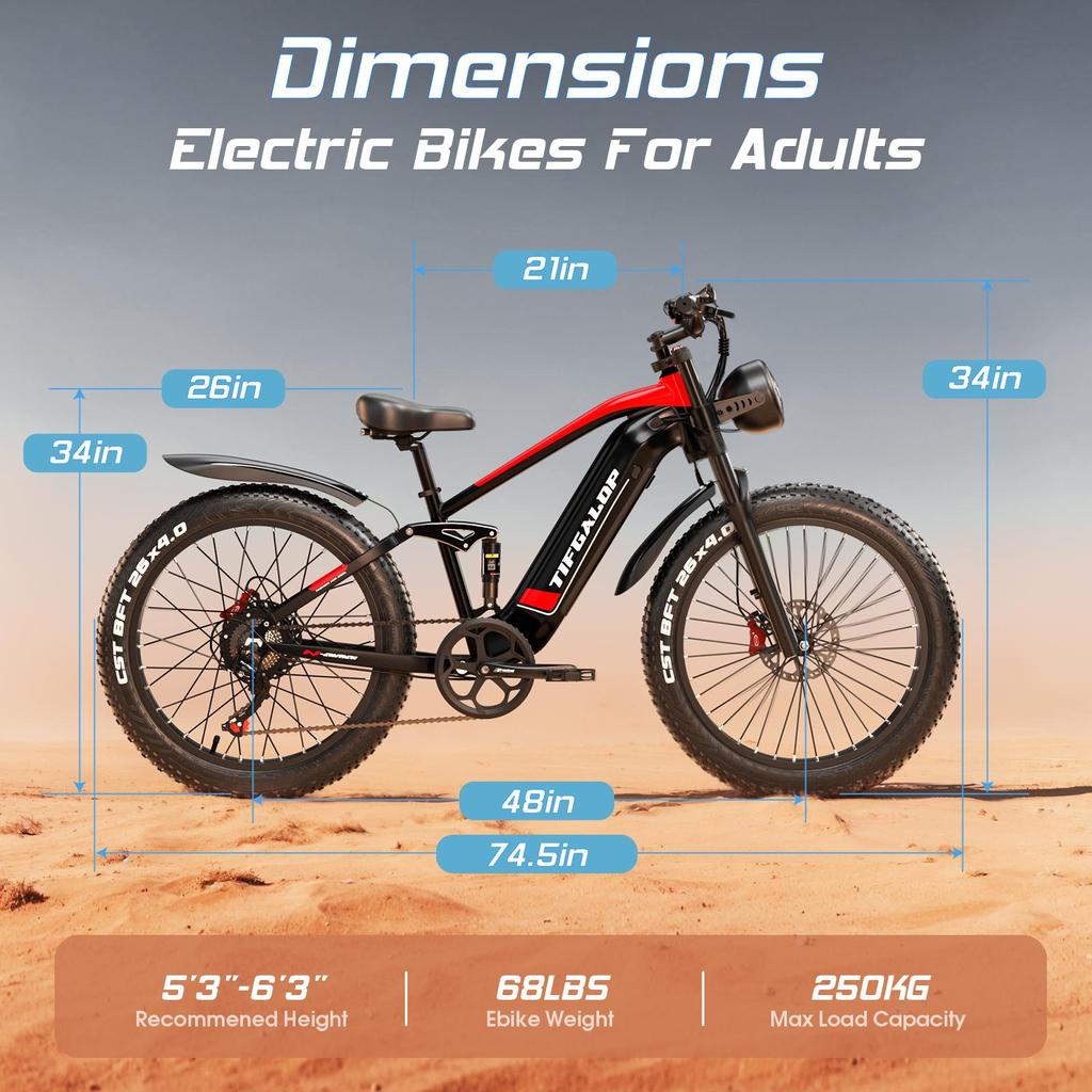TIFGALOP 26-Zoll Elektrofahrrad, 1000W Motor, herausnehmbarer 48V22Ah Lithium-Akku, 45-90 km Reichweite, duale Stoßdämpfer, Unisex