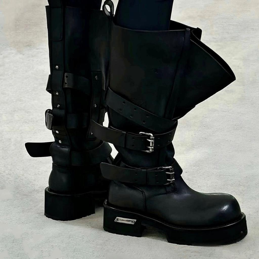 Bajia Retro Belt Buckle Venom Boots Spring and Summer New Bundle Mouth Big Tube Circumference Thick Bottom Heightening Punk Locomotive Boots