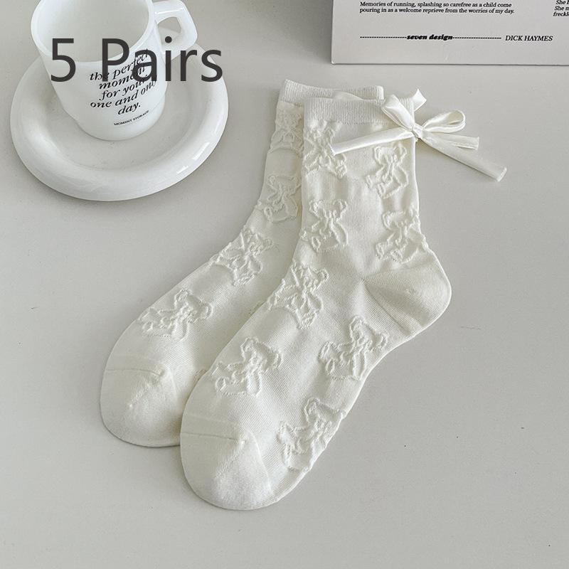 

5 пар женских летних носков с бантом и трехмерным рисунком медведя средней длины 5 Pairs кремовый