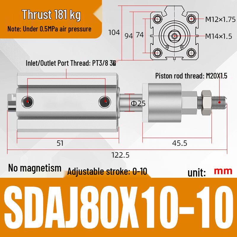 Adjustable Stroke Pneumatic Thin Cylinder - Piston Rod Sizes: 16/20/25/32/40/63