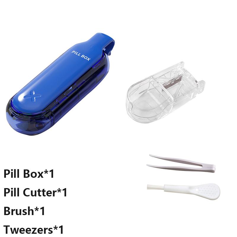 2 In1Pill Box with Pill Cutter 4 Grids Portable Daily Compact Medicine Dispenser Sealed Mini Clear Tablet Taker for Home Travel