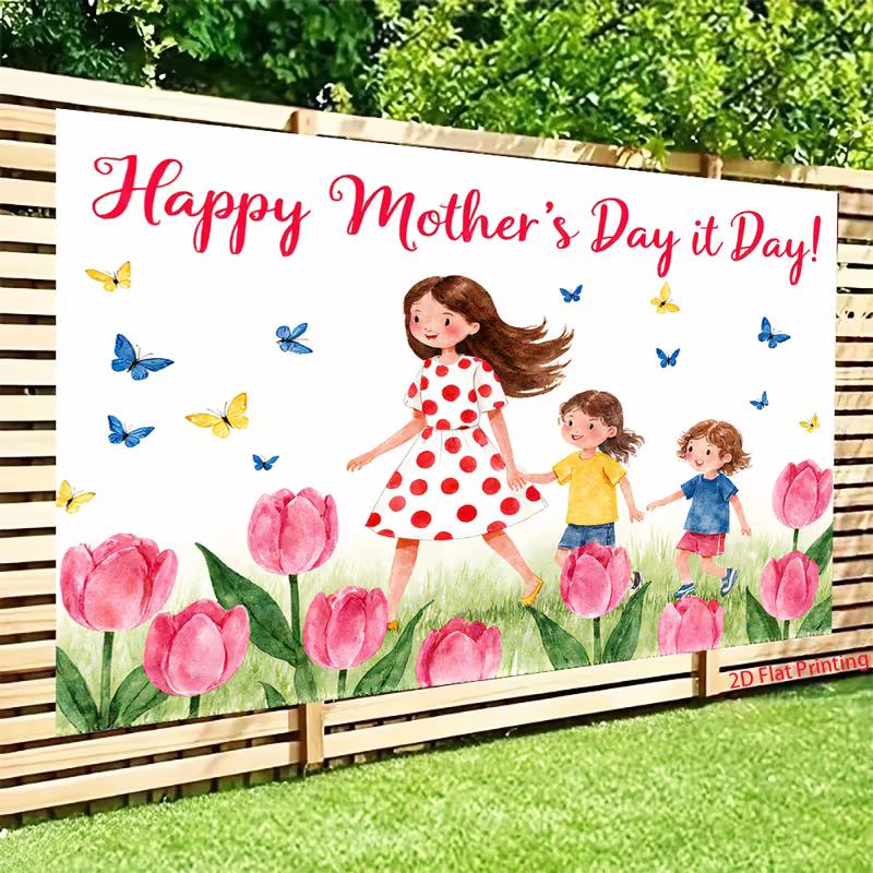 CWhimsical Mother's Day Backdrop, Watercolor Mom and Children in a Tulip Garden with Butterflies, Sweet Spring Party Wall Decor