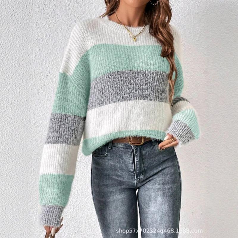 Pull Tricoté Casual Rayé Lâche Col Rond Manches Longues Style Français pour Femme