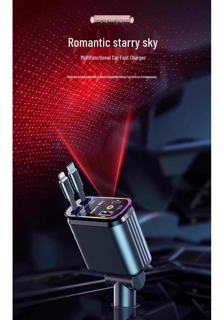 Retractable 4-in-1 Car Charger with RGB Ambient Light and Starry Sky Ceiling.