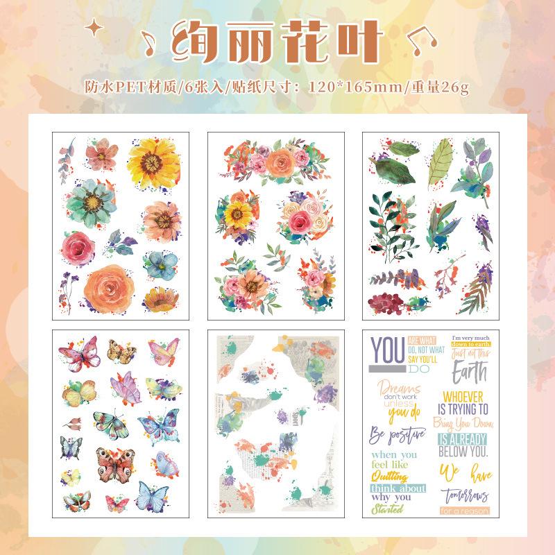 6 - Piece Butterfly & Flower PET Sticker Pack, for Hand - Account and Scrapbook Decoration