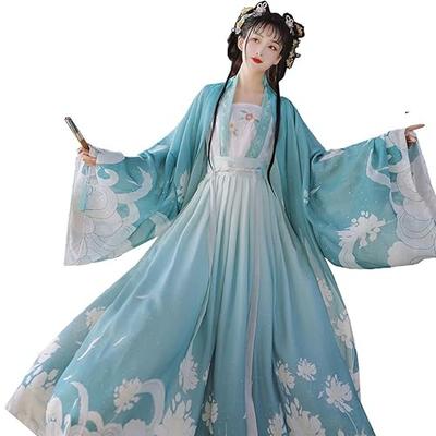 [Housaku Co., Ltd.] Ancient Hanfu Classical Beauty Elegant Chinese Court Costume Cosplay Set Tang Suit Haori Long Skirt Set (Green and Blue, L)