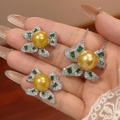 Set Pearl Earrings Necklace Emerald Nanyang Pearl Female Premium Court Style