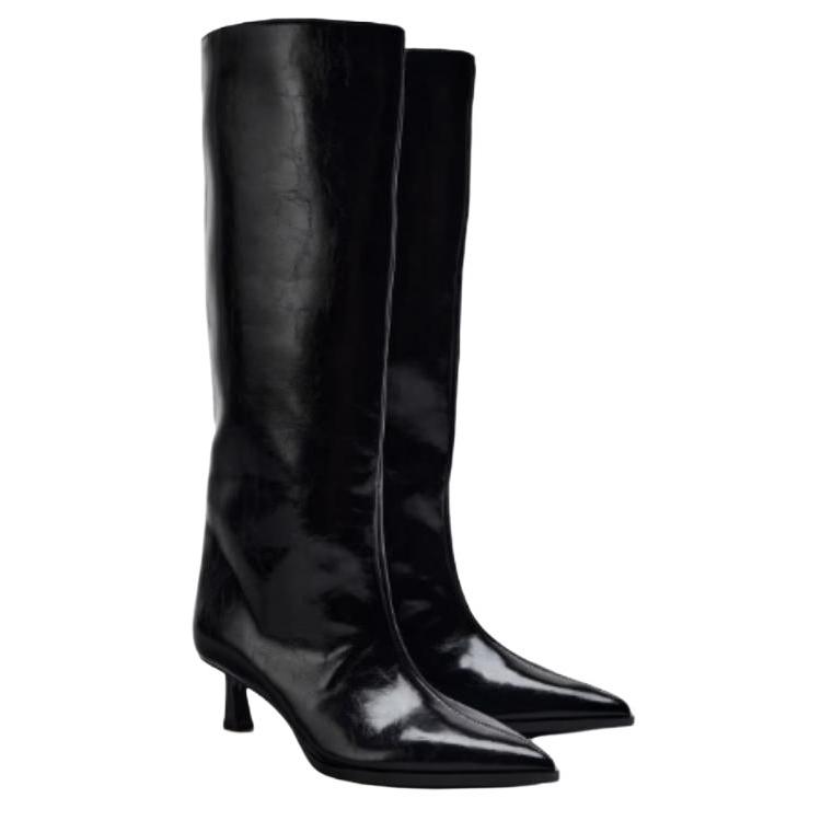 Zara Pu Simple Versatile Wide Calf Pointed Toe Kitten Heel Knee High Boots 5cm Women Boots Black 13016410