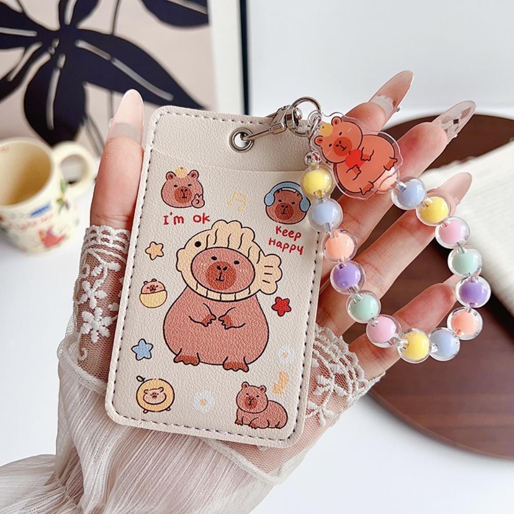 Cute Capybara Card Holder Leather Bag Pendant Student Meal Card Double Card Slot Bus Card Protective Cover Gift