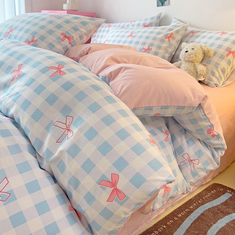 Small Fresh Mattress Quilt Cover Class A Maternal And Infant Grade Cartoon Dormitory Bed Sheet Three-Piece Set Super Soft Washed Cotton 4Pcs Set