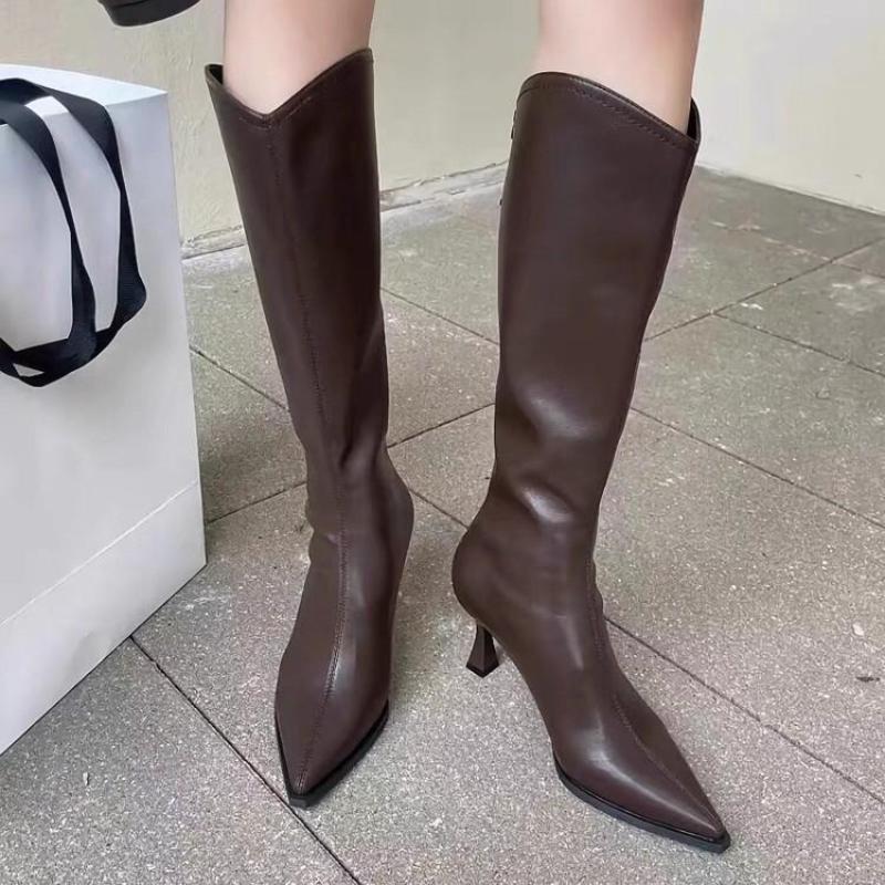 Fashion Elegant Heeled Leather Pointed Toe Ladies Knee High Shaft Shoes Autumn Winter Gyaru Designer Luxury New in Pu Women's Long Boots