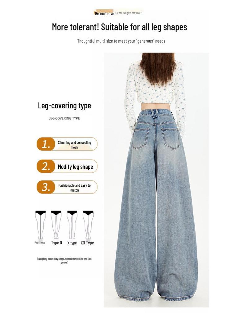 Autumn Women's Wide-Leg Jeans - Wrinkled Cat Whisker Design with Draped Look