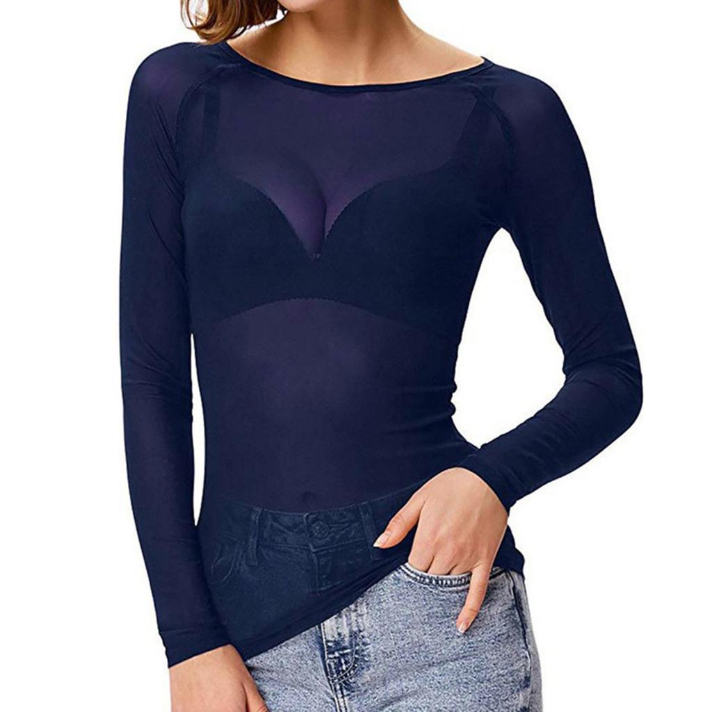 Yousheng Women T-shirt Round Neck Long Sleeve Slim Fit Pullover Tops See-through Mesh Yarn Bottom Tops Daily Wear