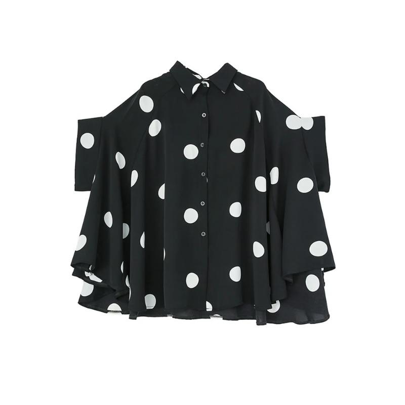 Black Vintage Polka Dot Print Blouse Women Lapel Short Sleeve Loose Casual Shirt Fashion Summer Clothes