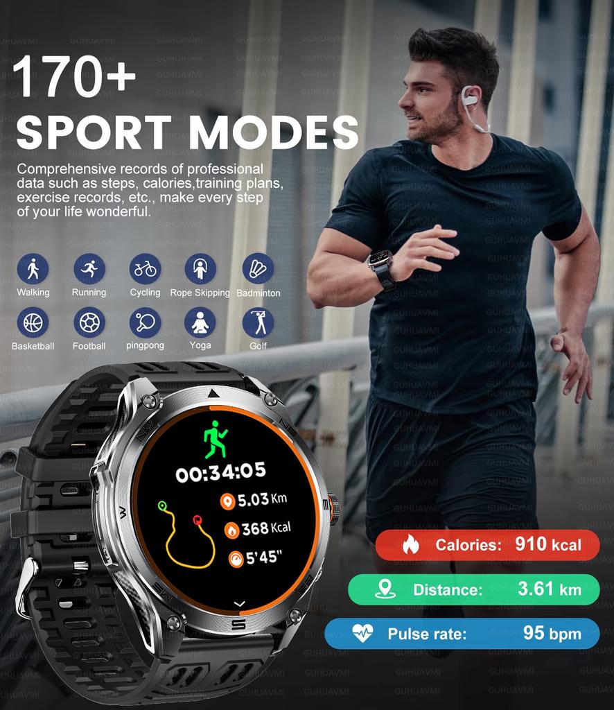New Military GPS SmartWatch 1.75 HD  10ATM/IP68Waterproof Compass Smartwatch 1000mAh Large Battery BT Call SmartWatche