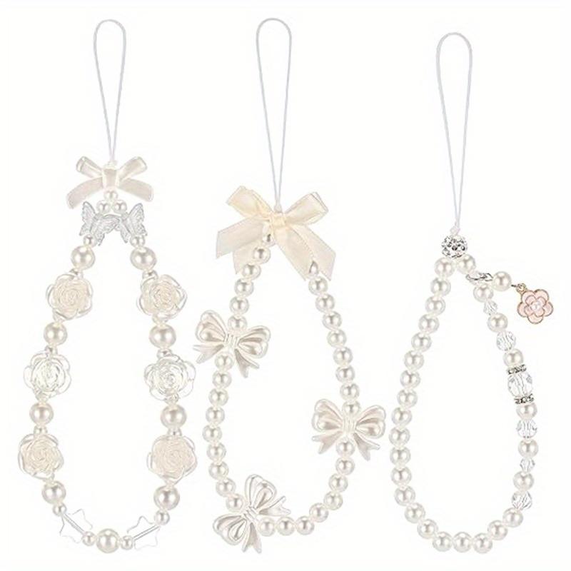 

Korean Bowknot/Set of 3 White Phone Chains/Camellia Beads/Wrist Lanyard/Anti-Loss Chain/Decorative for Women s Handbags 3 sweet beaded phone chains