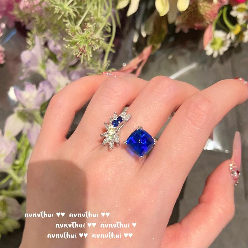 Reykjavik Deep Sea Blue Love Flower Branch Earrings Antique, 18K Gold Plated, Dai Blue Egg Zircon Ring