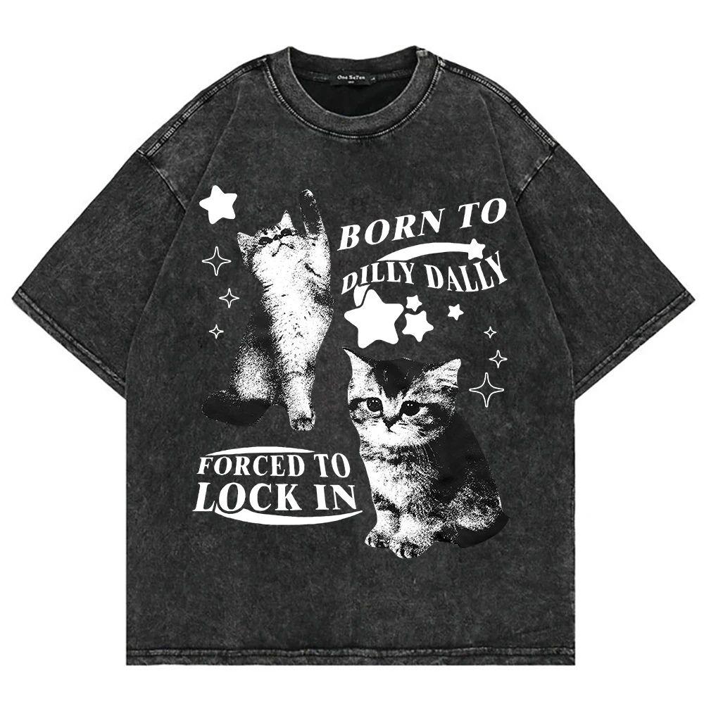 

Funny Cat Graphic Tshirt Retro Washed Oversized Tee Women Men Casual Streetwear YK Gothic Cotton Short Sleeve Tops S